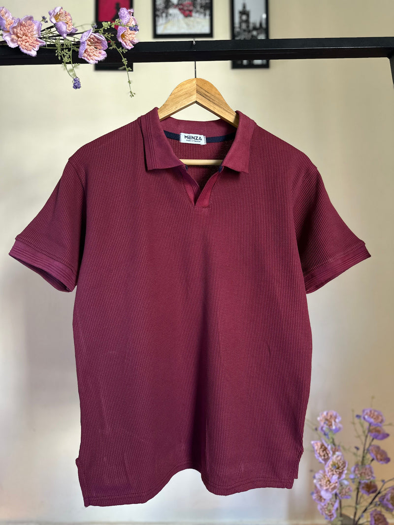 Mehroon Knitted V-Collar Polo