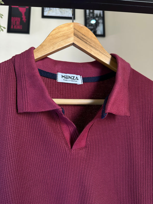 Mehroon Knitted V-Collar Polo