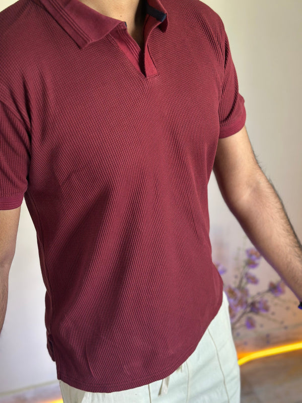 Mehroon Knitted V-Collar Polo