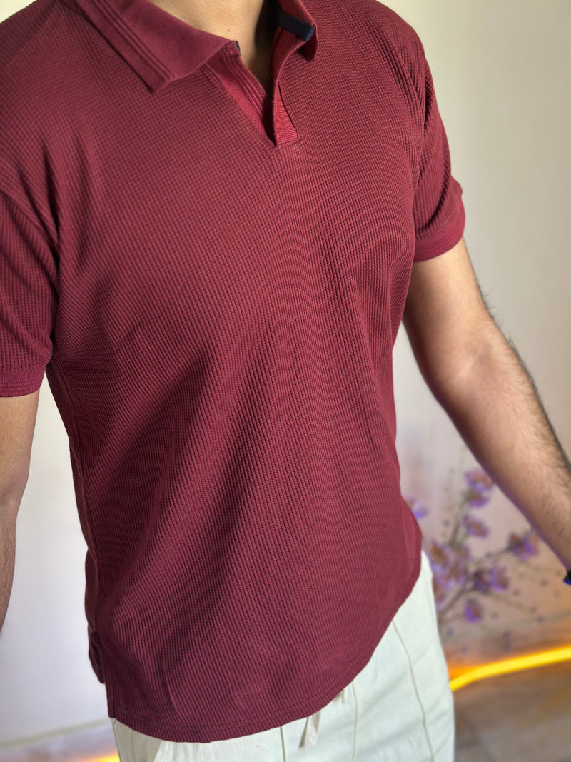 Mehroon Knitted V-Collar Polo