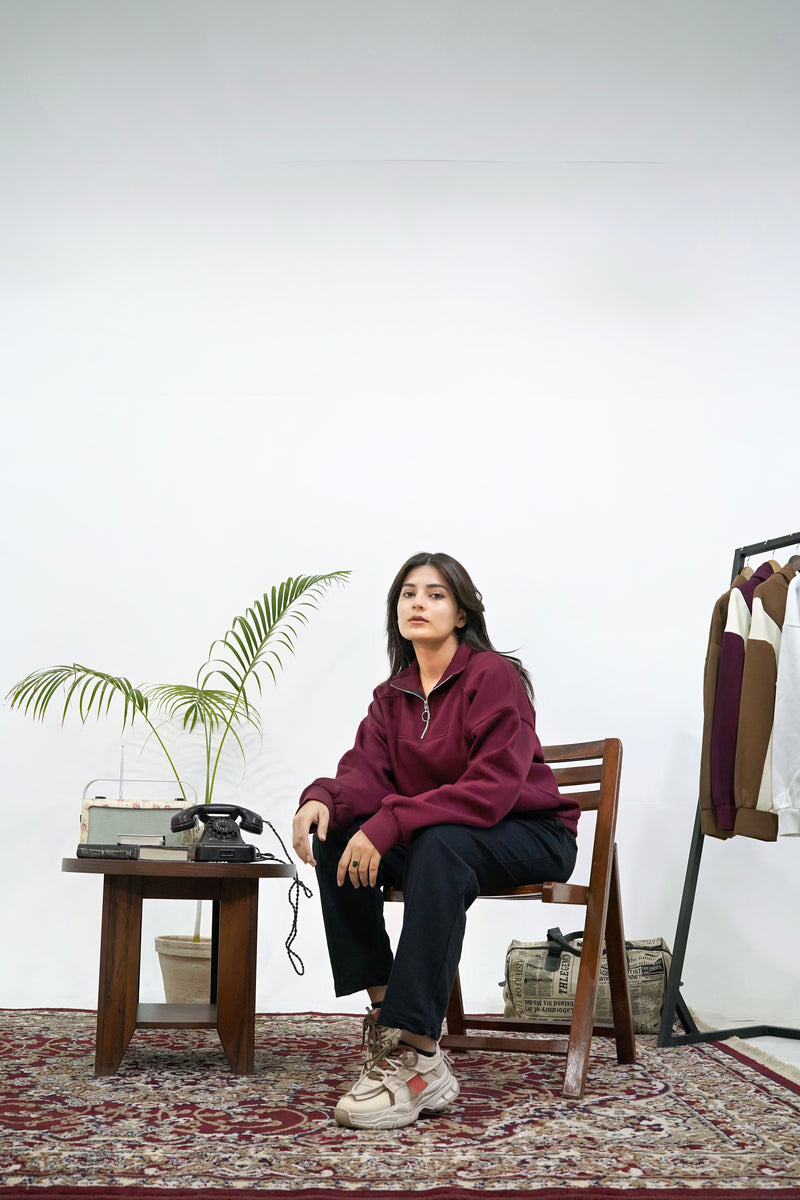 Mehroon Basic Quarter-Zip Sweatshirt