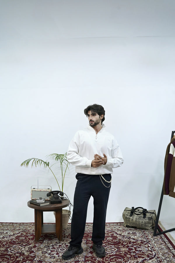 White Basic Quarter-Zip Sweatshirt