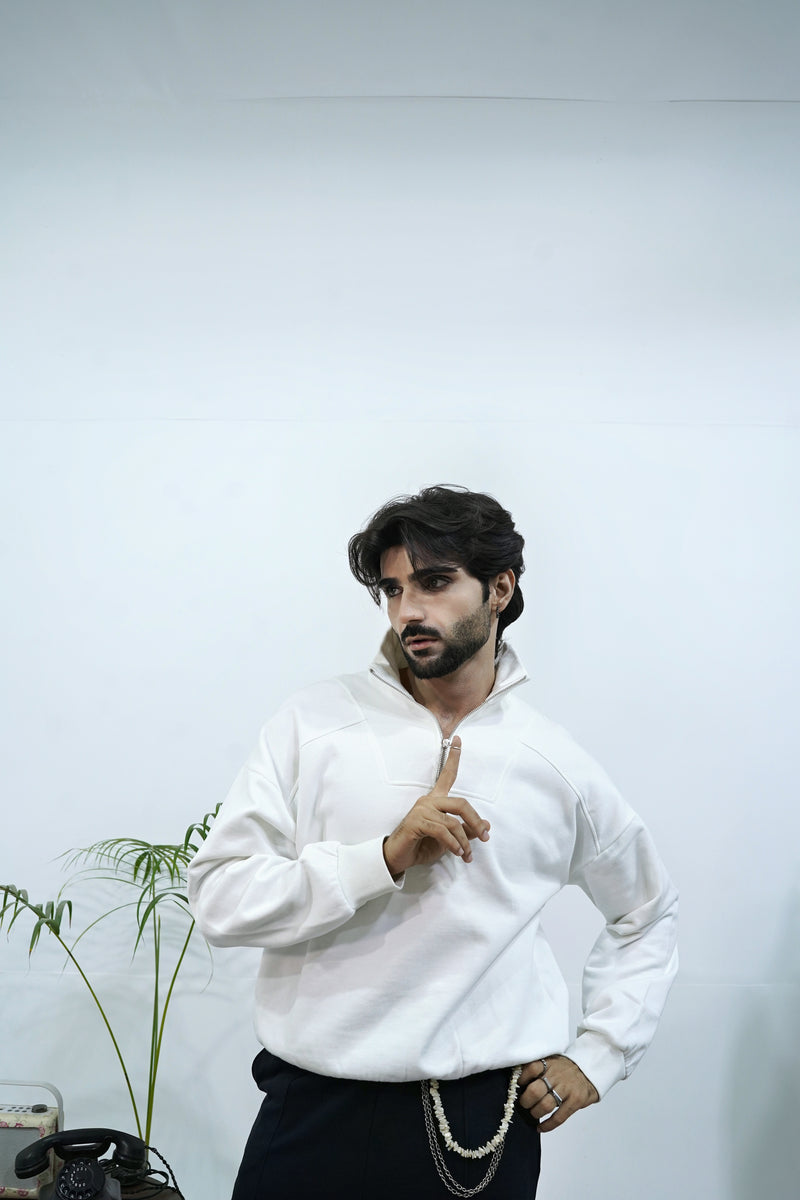 White Basic Quarter-Zip Sweatshirt