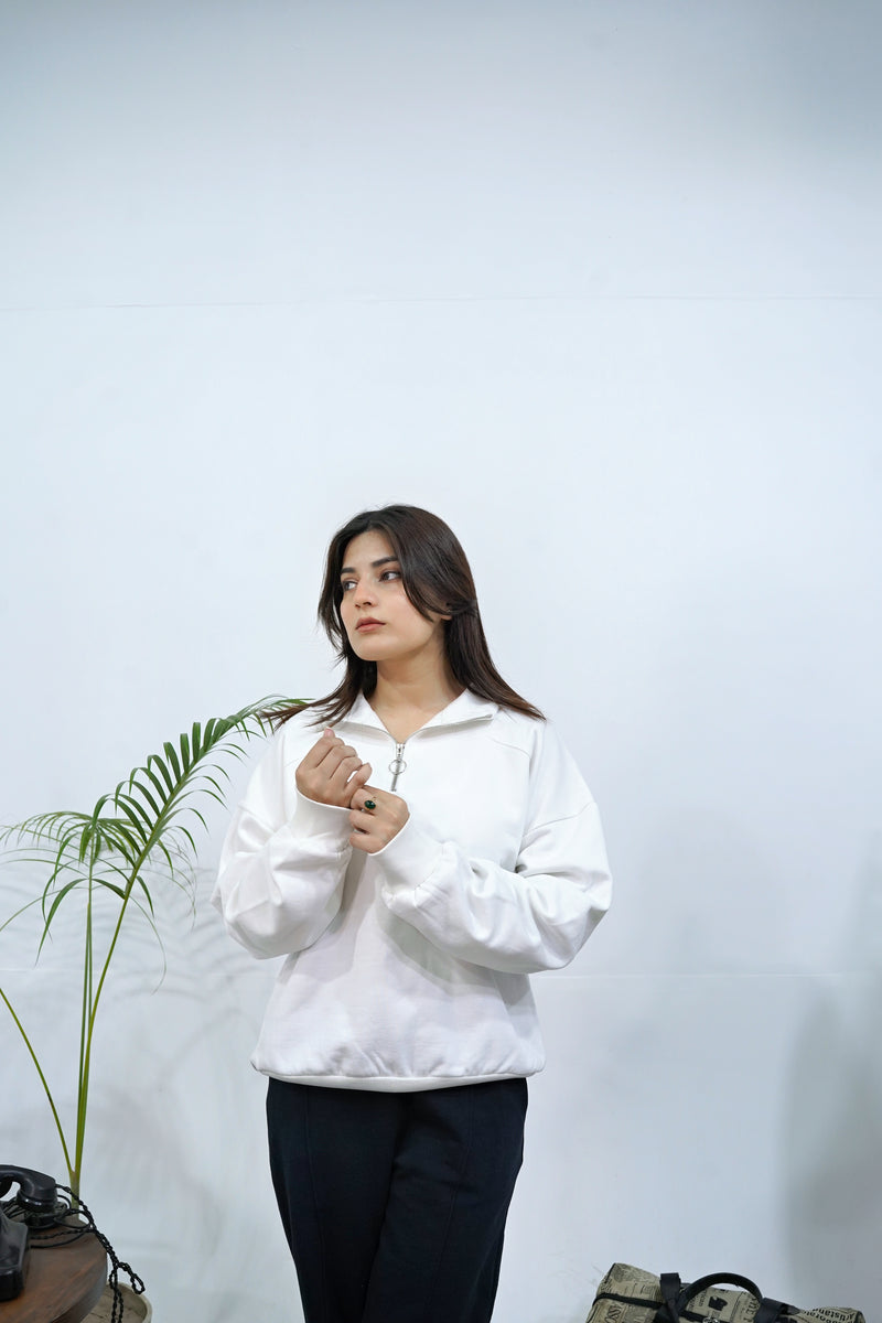 White Basic Quarter-Zip Sweatshirt
