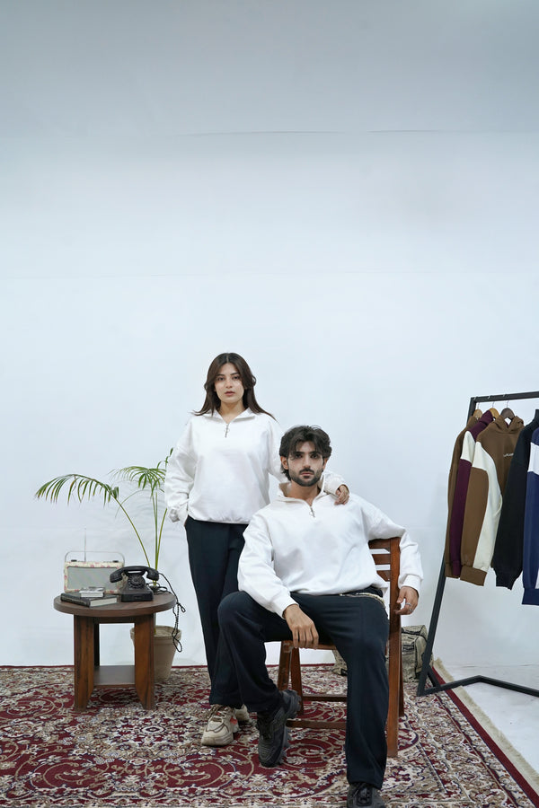 White Basic Quarter-Zip Sweatshirt