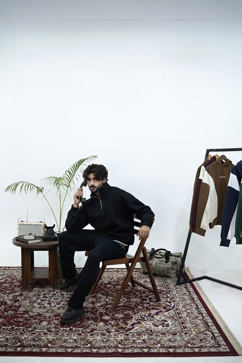 Black Basic Quarter-Zip Sweatshirt