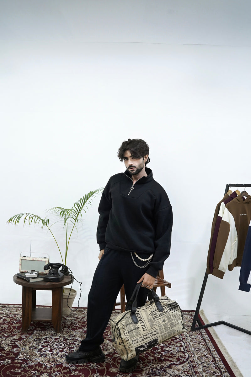 Black Basic Quarter-Zip Sweatshirt