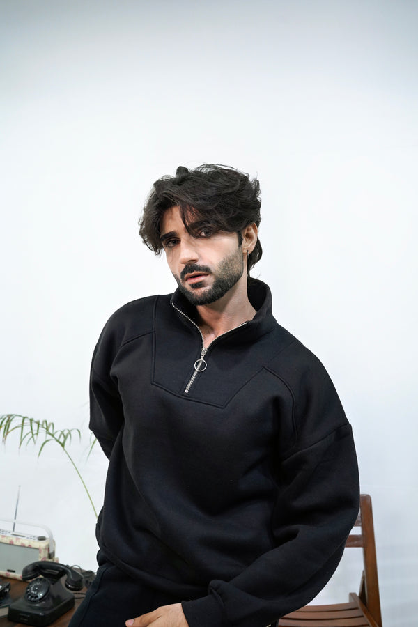 Black Basic Quarter-Zip Sweatshirt