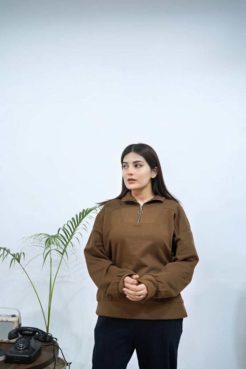 Brown Basic Quarter-Zip Sweatshirt