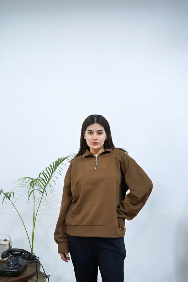 Brown Basic Quarter-Zip Sweatshirt