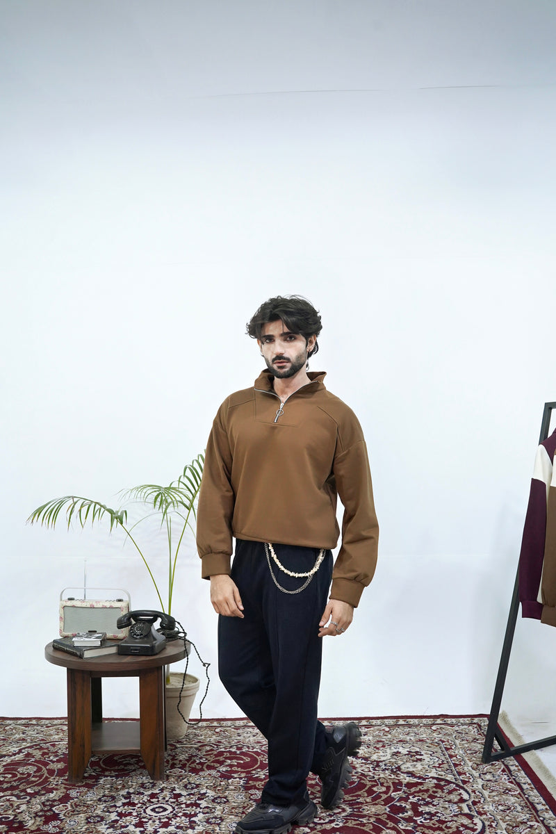 Brown Basic Quarter-Zip Sweatshirt