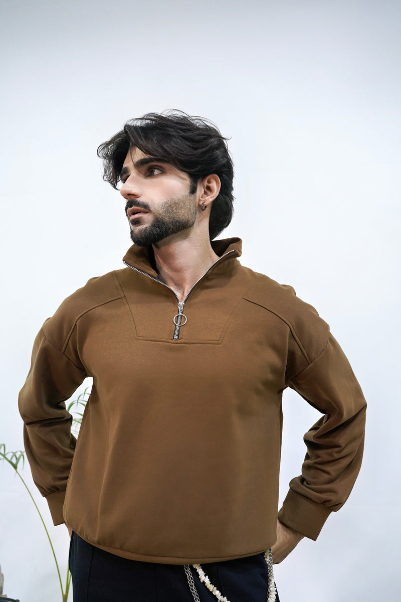 Brown Basic Quarter-Zip Sweatshirt
