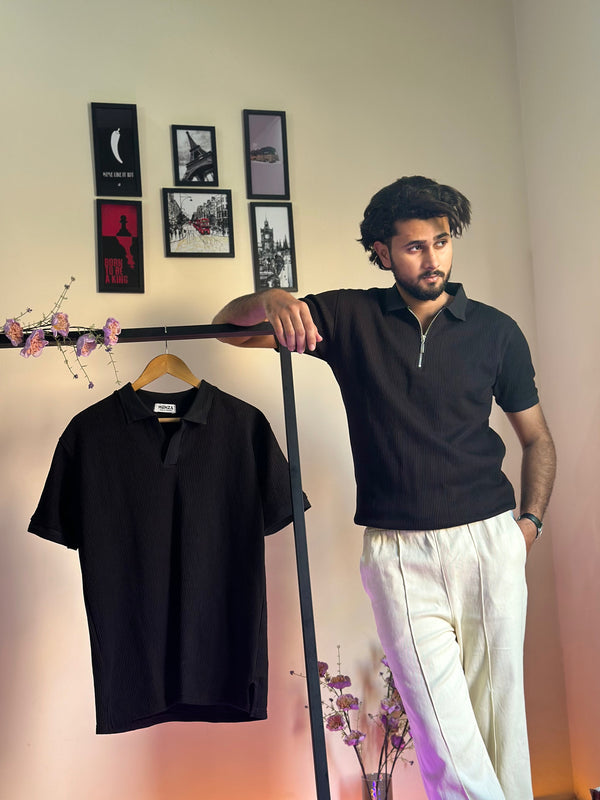 Black Knitted Zipper Polo