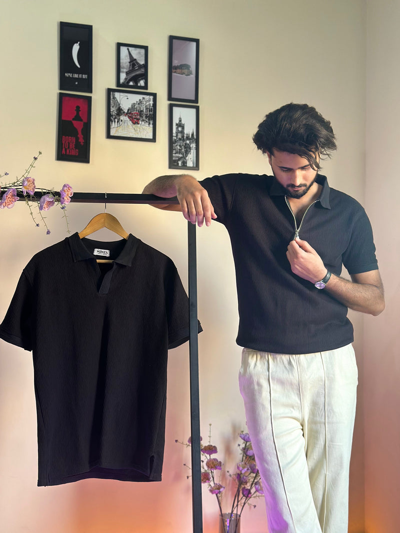 Black Knitted V-Collar Polo