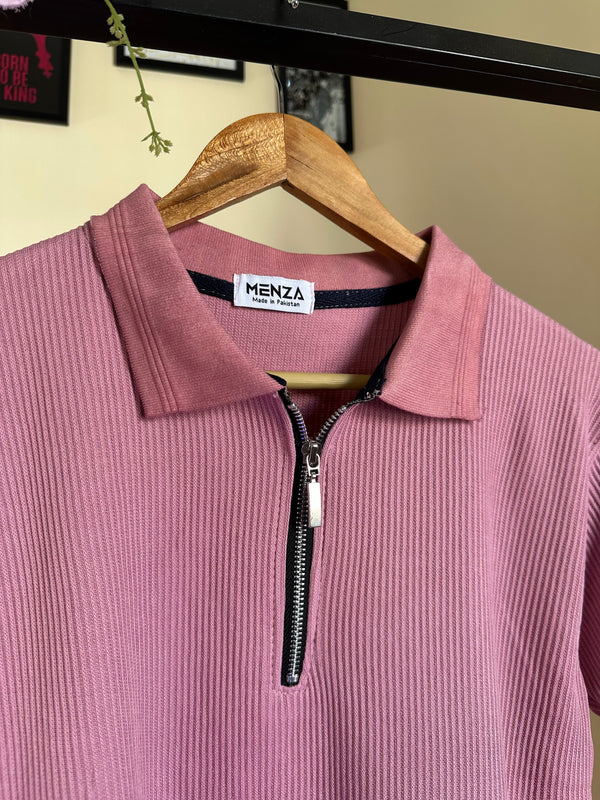 Ice Pink Knitted Zipper Polo