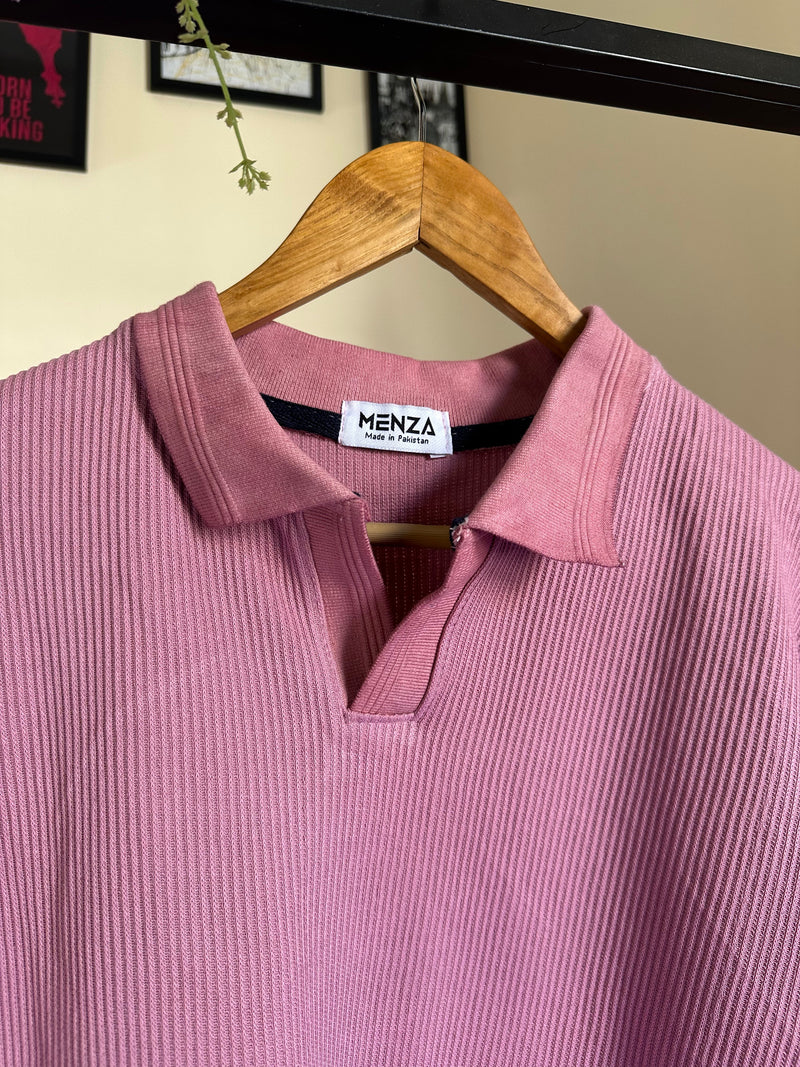 Ice Pink Knitted V-Collar Polo
