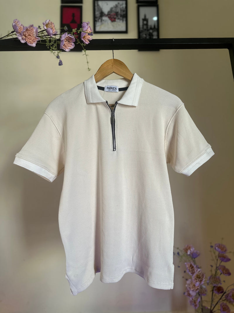 White Knitted Zipper Polo