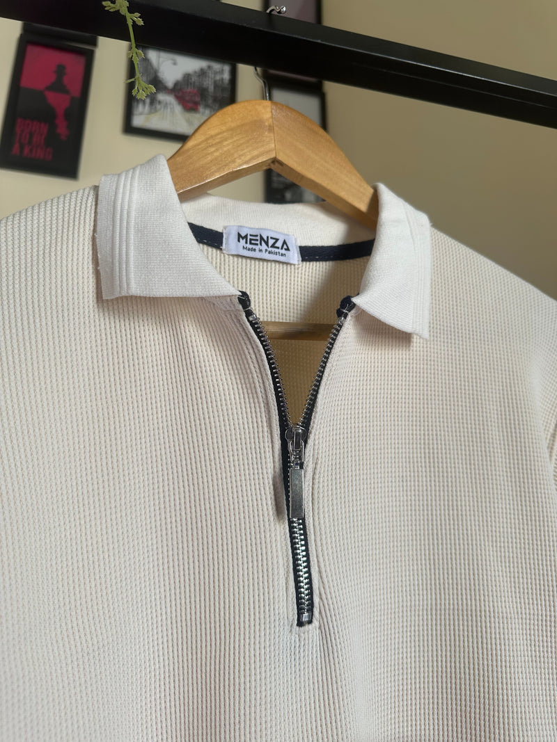 White Knitted Zipper Polo