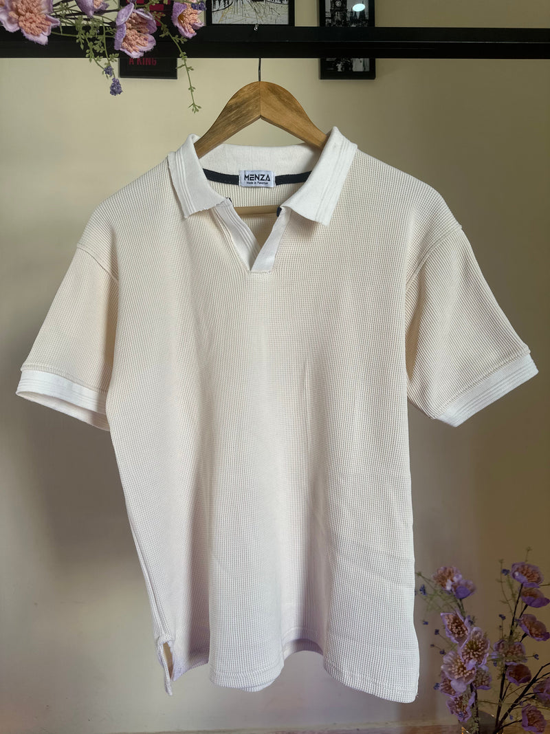 White Knitted V-Collar Polo