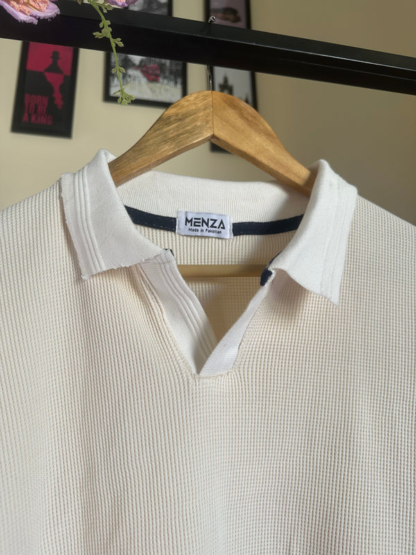 White Knitted V-Collar Polo
