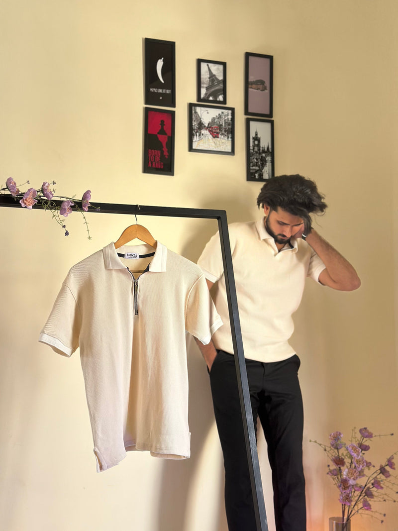 White Knitted Zipper Polo