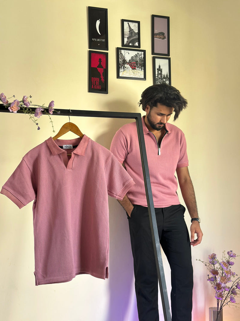 Ice Pink Knitted Zipper Polo
