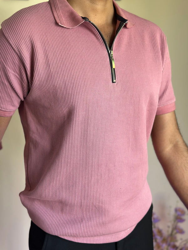 Ice Pink Knitted Zipper Polo