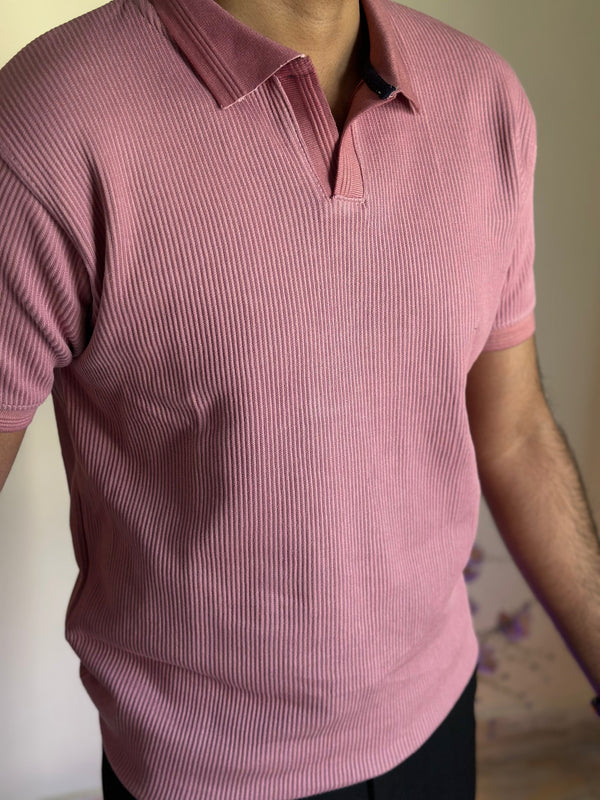 Ice Pink Knitted V-Collar Polo
