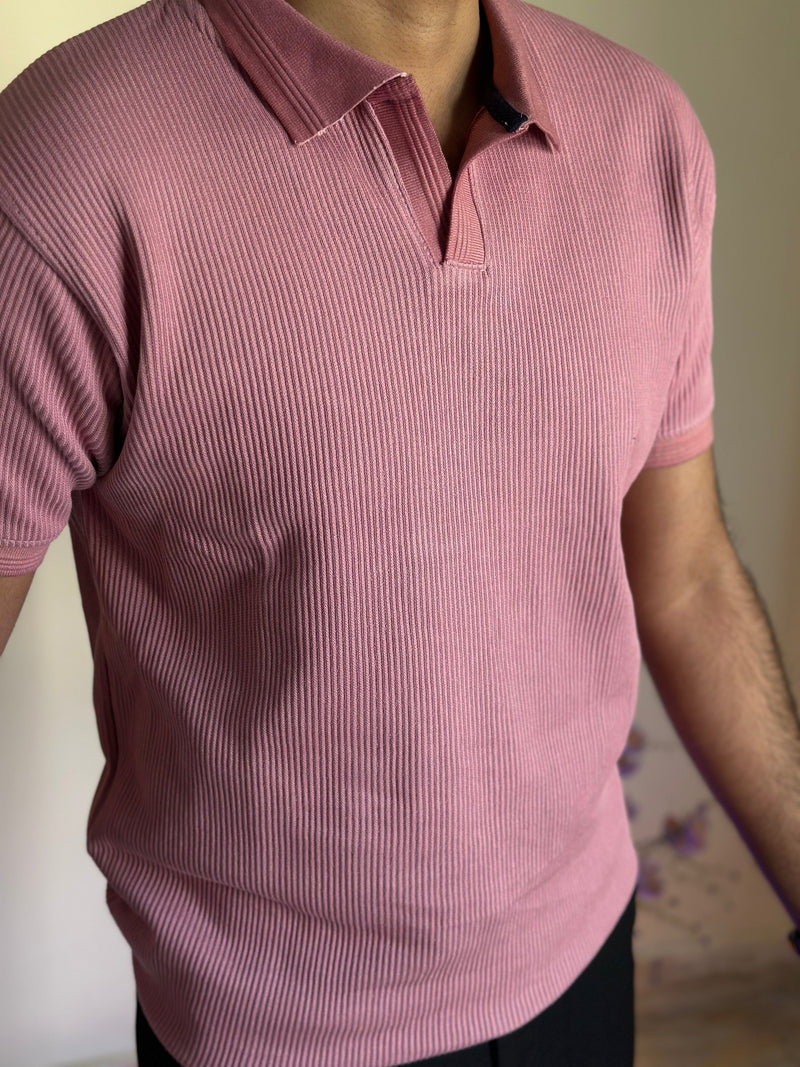 Ice Pink Knitted V-Collar Polo