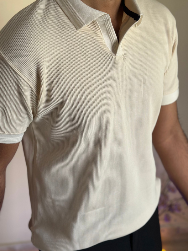 White Knitted V-Collar Polo