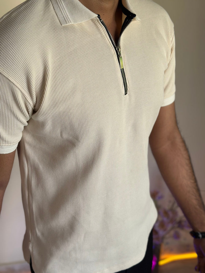 White Knitted Zipper Polo