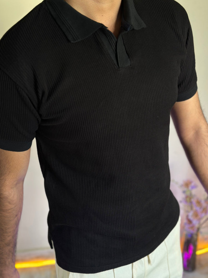 Black Knitted V-Collar Polo