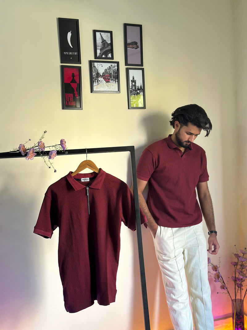 Mehroon Knitted Zipper Polo