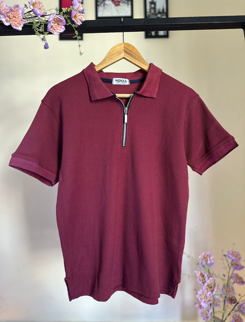 Mehroon Knitted Zipper Polo