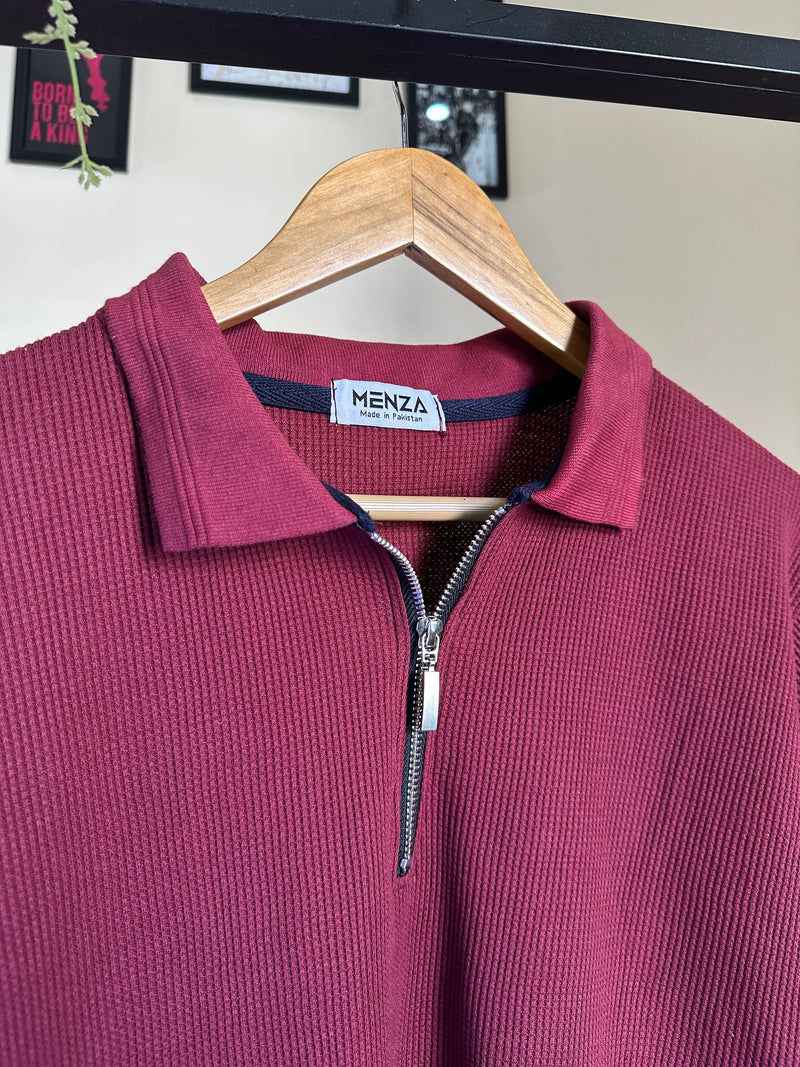 Mehroon Knitted Zipper Polo
