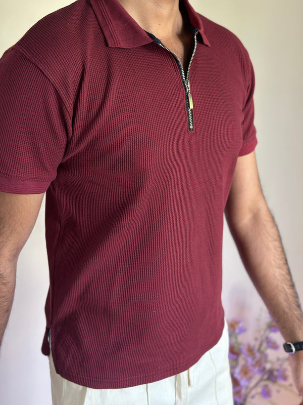 Mehroon Knitted Zipper Polo
