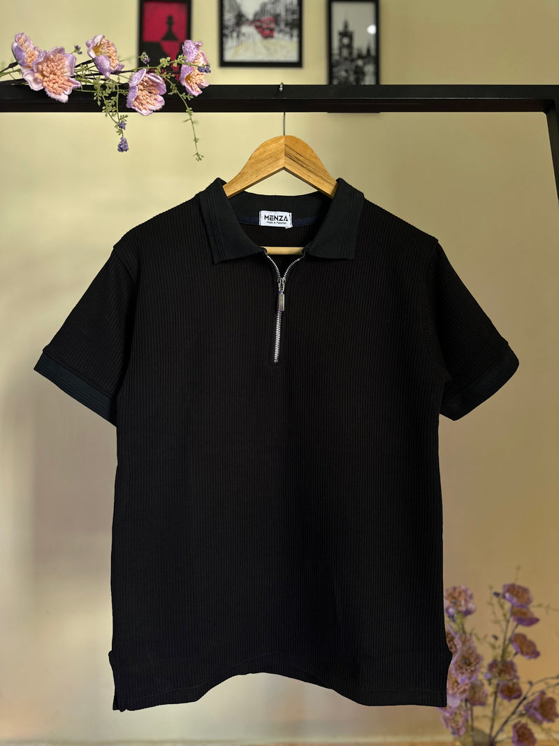 Black Knitted Zipper Polo