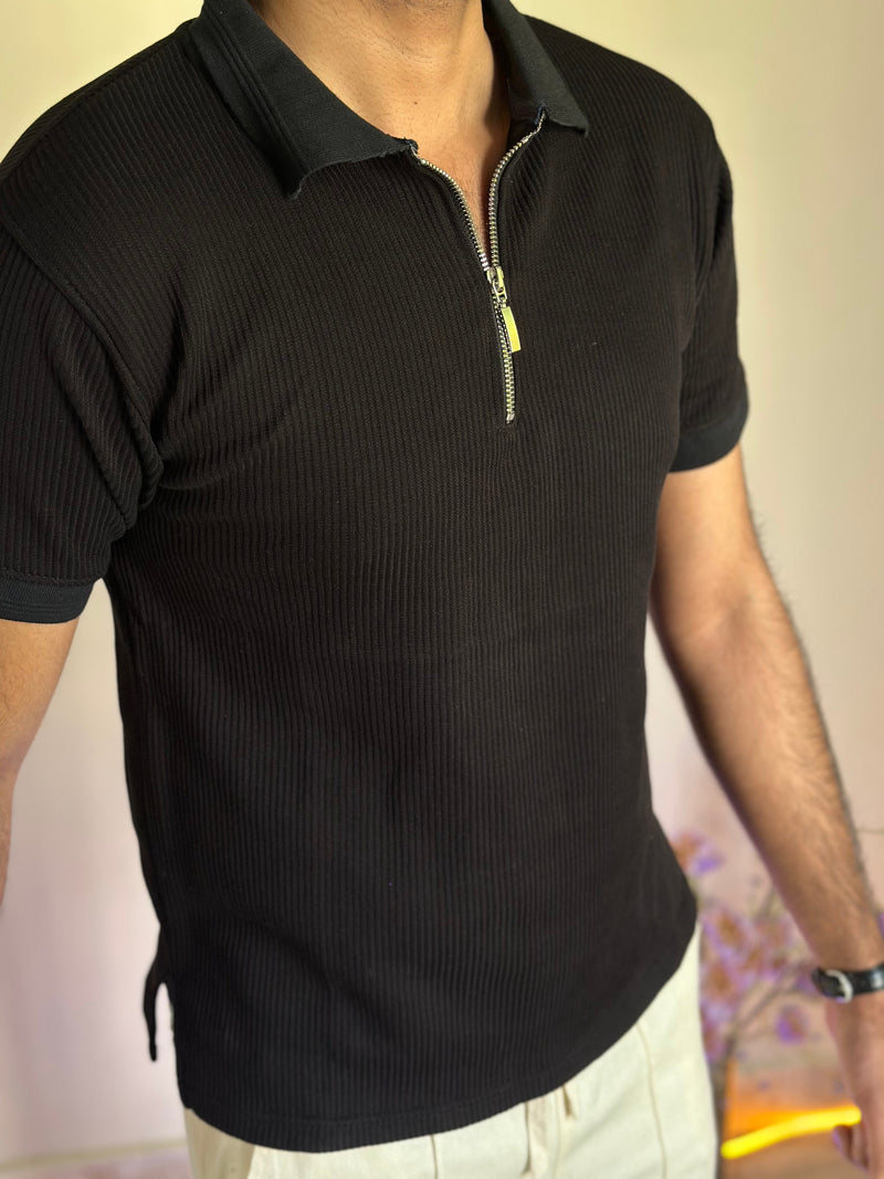 Black Knitted Zipper Polo