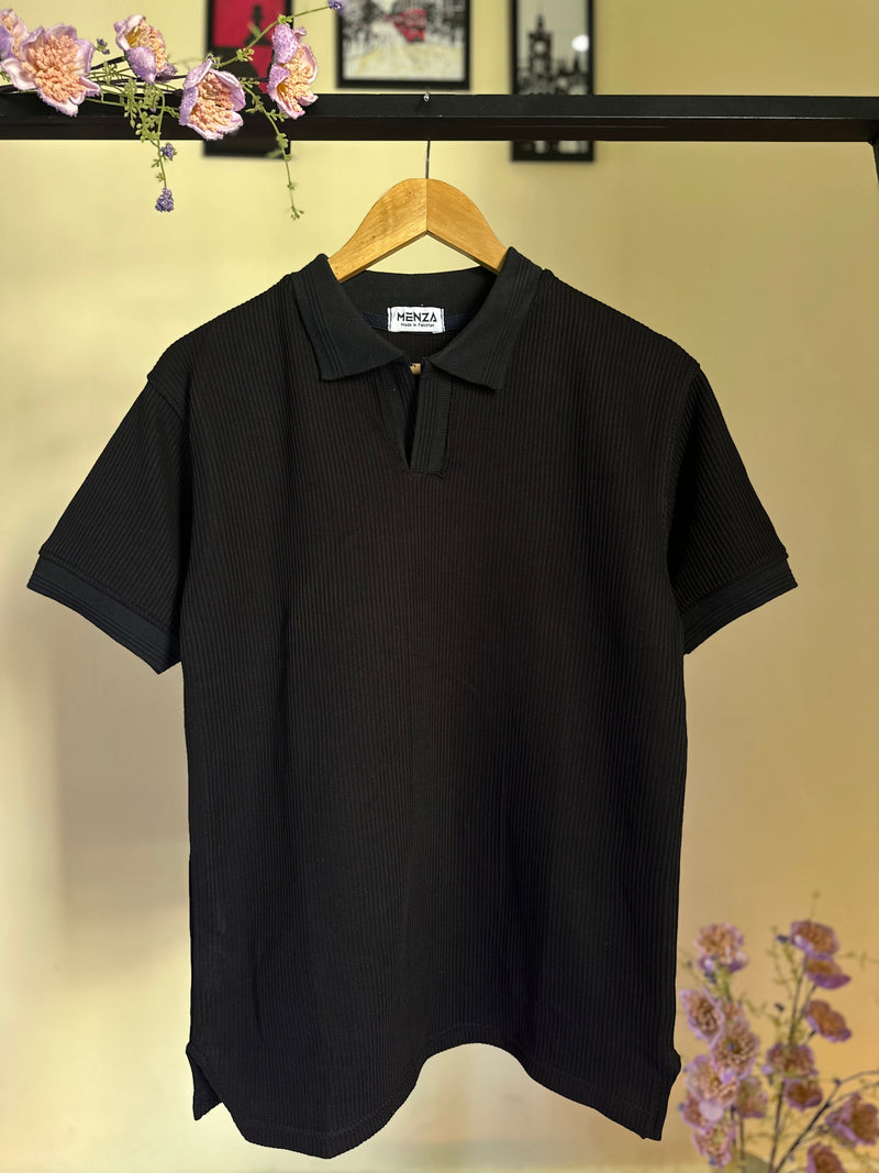 Black Knitted V-Collar Polo