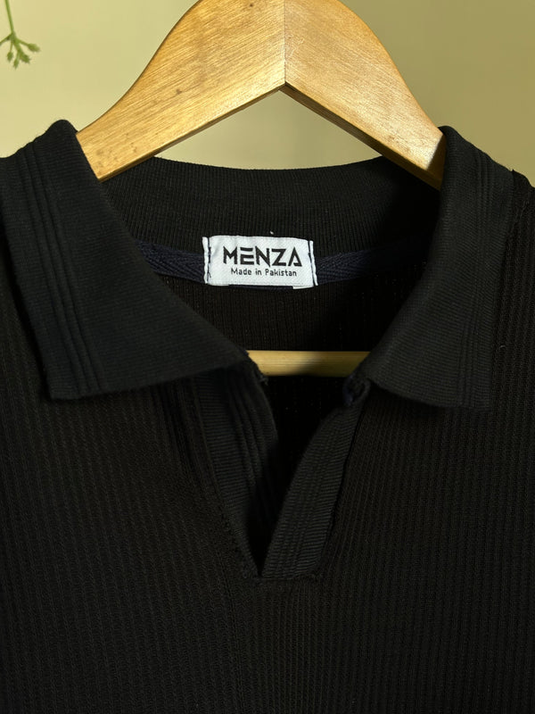 Black Knitted V-Collar Polo