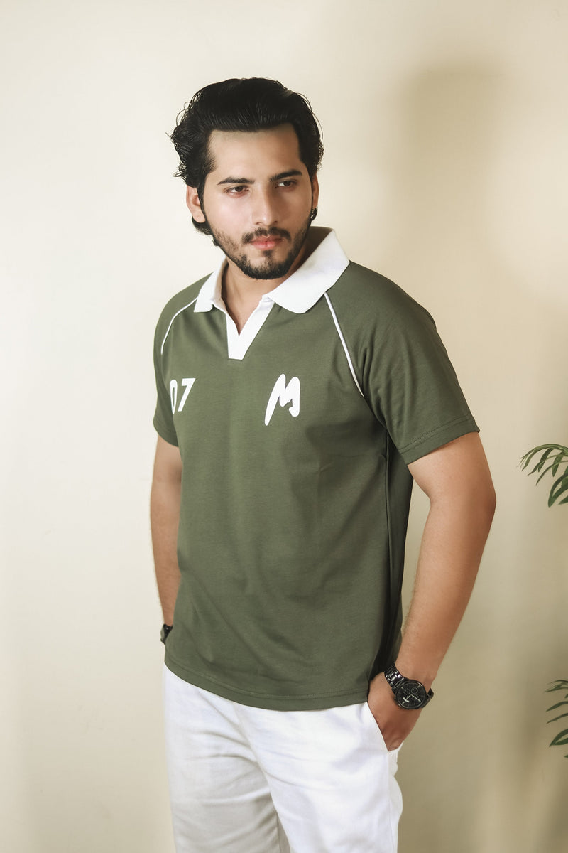 Contrast Collar Raglan Polo - Green