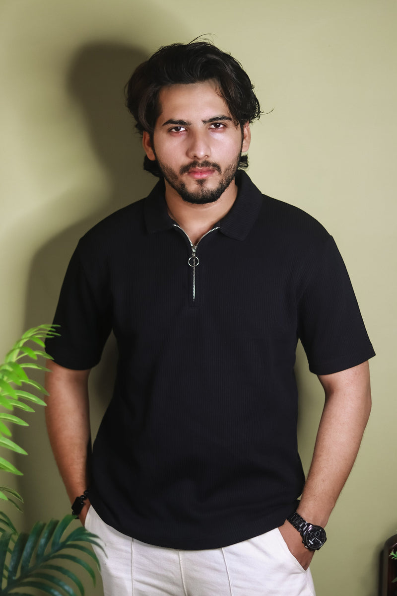 Textured Zipper Polo Shirt - Black