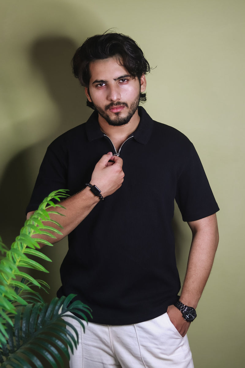 Textured Zipper Polo Shirt - Black