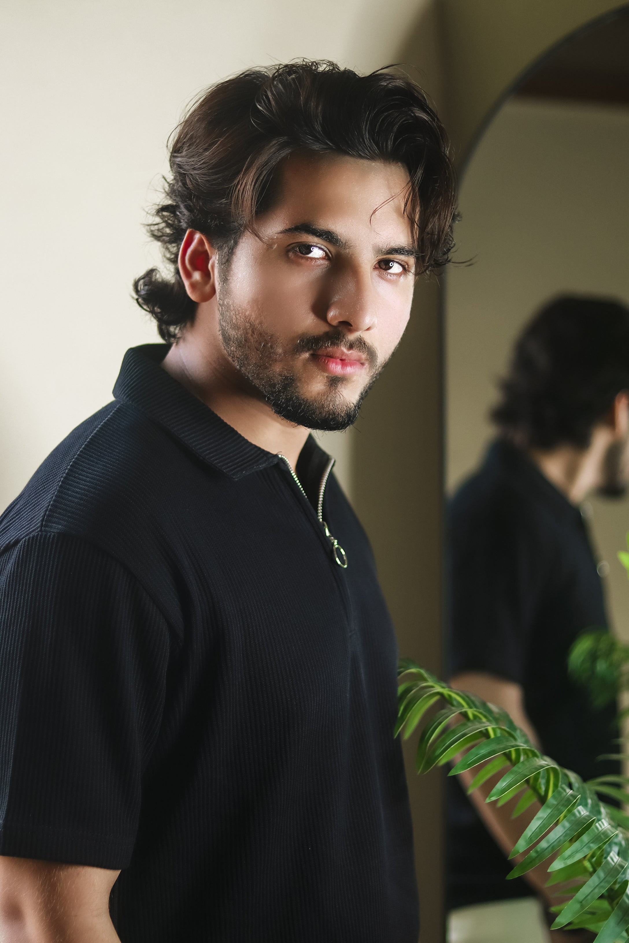 Textured Zipper Polo Shirt - Black