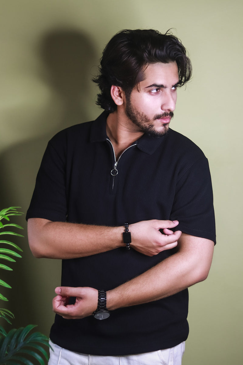 Textured Zipper Polo Shirt - Black