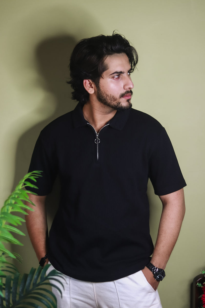 Textured Zipper Polo Shirt - Black