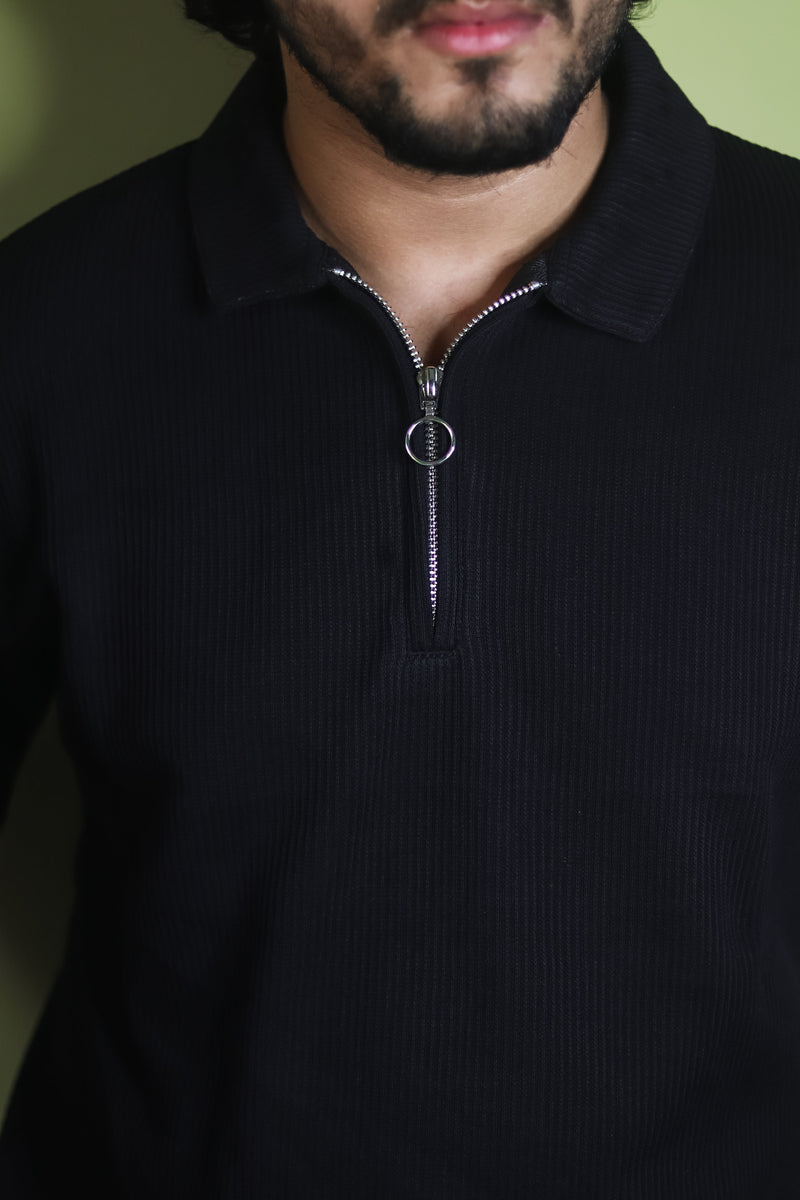 Textured Zipper Polo Shirt - Black