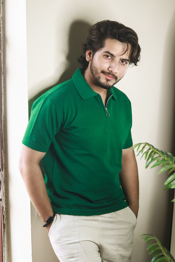 Textured Zipper Polo Shirt - Green