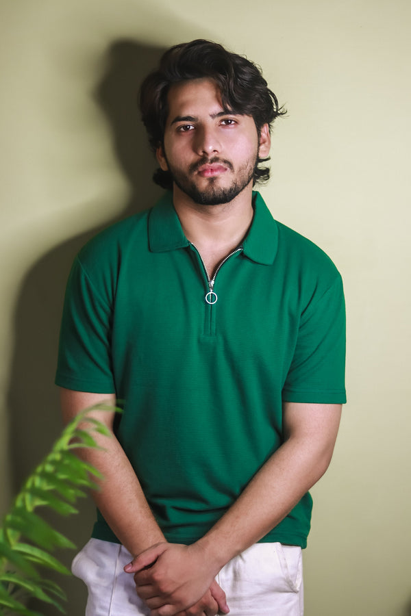 Textured Zipper Polo Shirt - Green