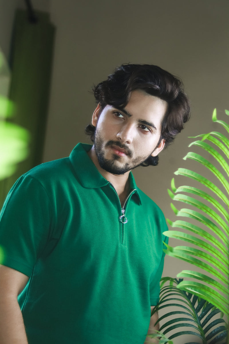 Textured Zipper Polo Shirt - Green